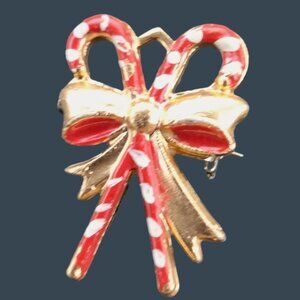 Christmas Candy Cane Pin Brooch Red Gold Bow Vintage Holiday Jewelry